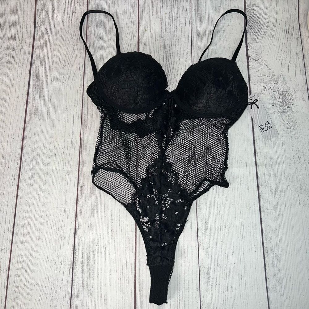 Black Bow Lace and Fishnet BodySuit with Bra in Black